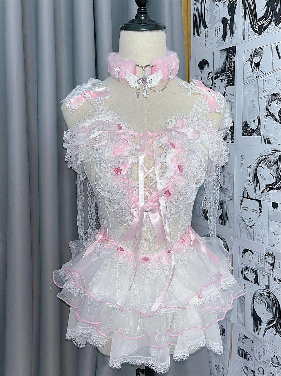 Coquette Sexy Kitty Lace White Pink Cake Dress Lingerie