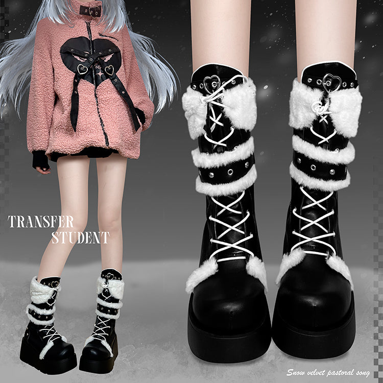 Transfer Student Snow Velvet Pastoral Pink Black White Tall Boots Shoes