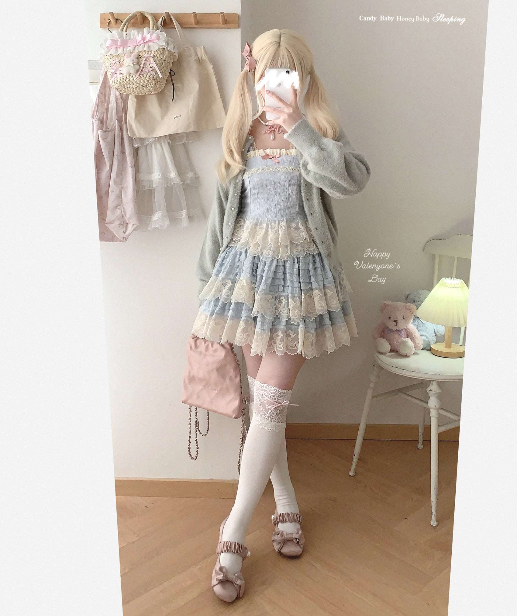 Dormir Doll Balletcore Retro Palace Lace Blue Pink Green Camisole & Skirt Two Piece Set