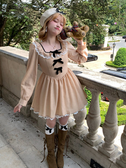 Picnic Girl Fall Brown Beige Fondant Bow Square Collar Long Sleeve Dress