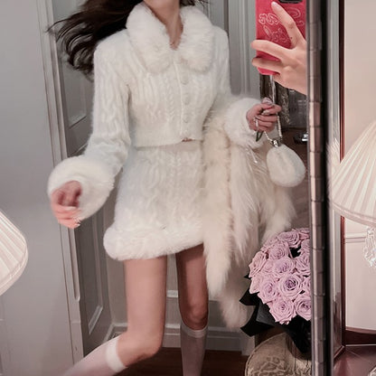 Winter Chic Black & White Knit Fur Collar Jacket Sweater Skirt Two Piece Set