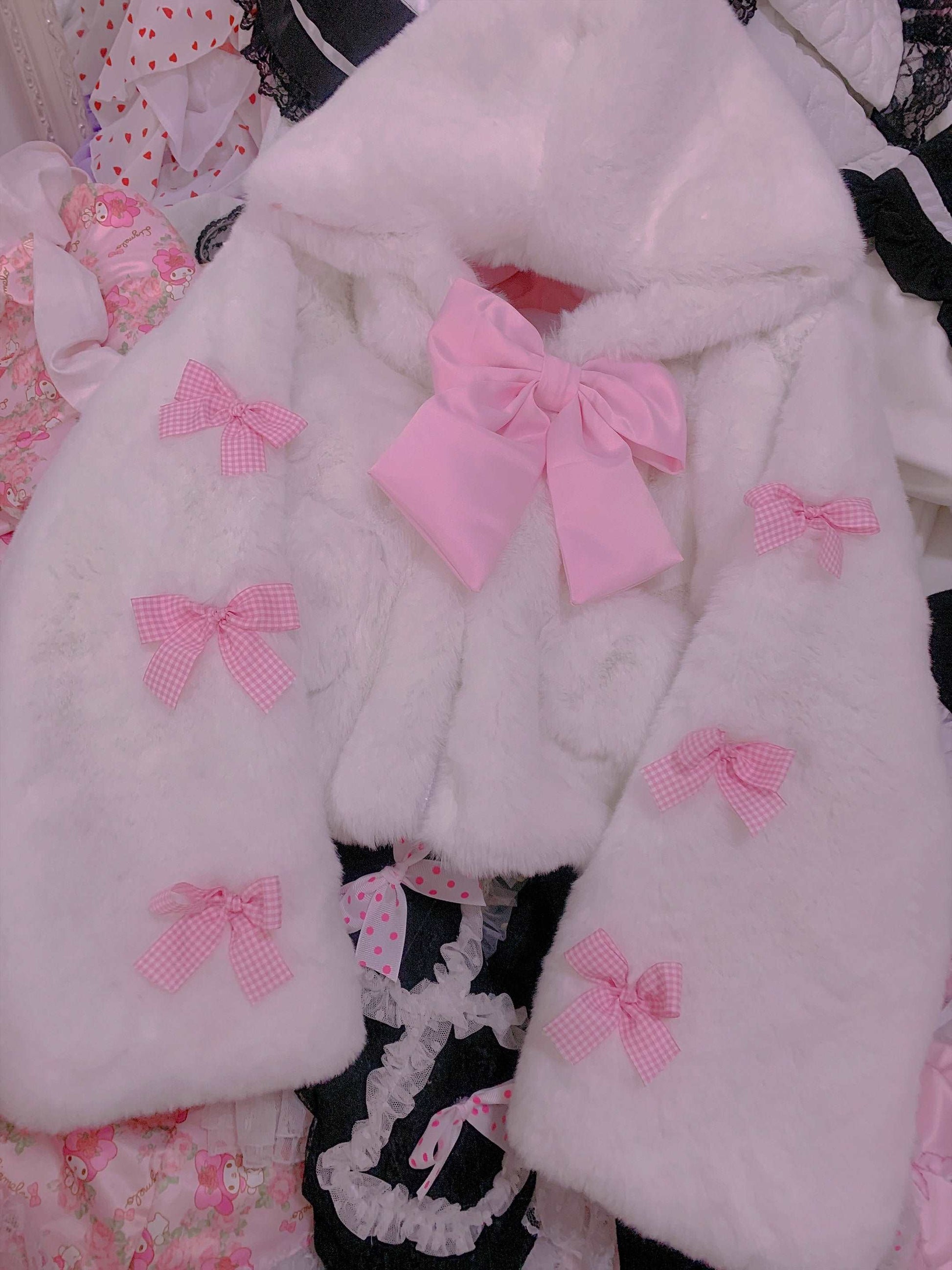 Candy Fairy Cute Pink Bow Snow White Plush Thick Winter Hooded Jacket