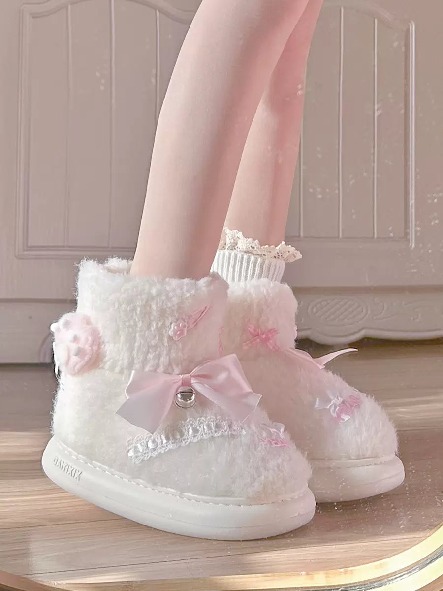 Pinky Cute Winter Plush Pink Bow Baby Lace White Snow Boots Shoes