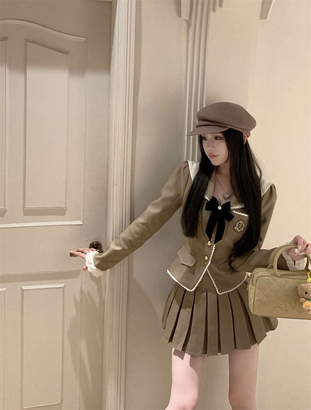 Academia Vintage Autumn Brown Blazer & Pleated Mini Skirt Two Piece Set