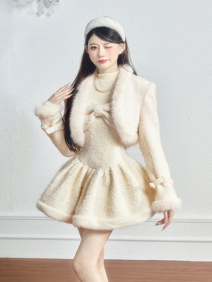 Monet Winter Angel Plush Tweed Jacket & White Beige Dress Two Piece Set