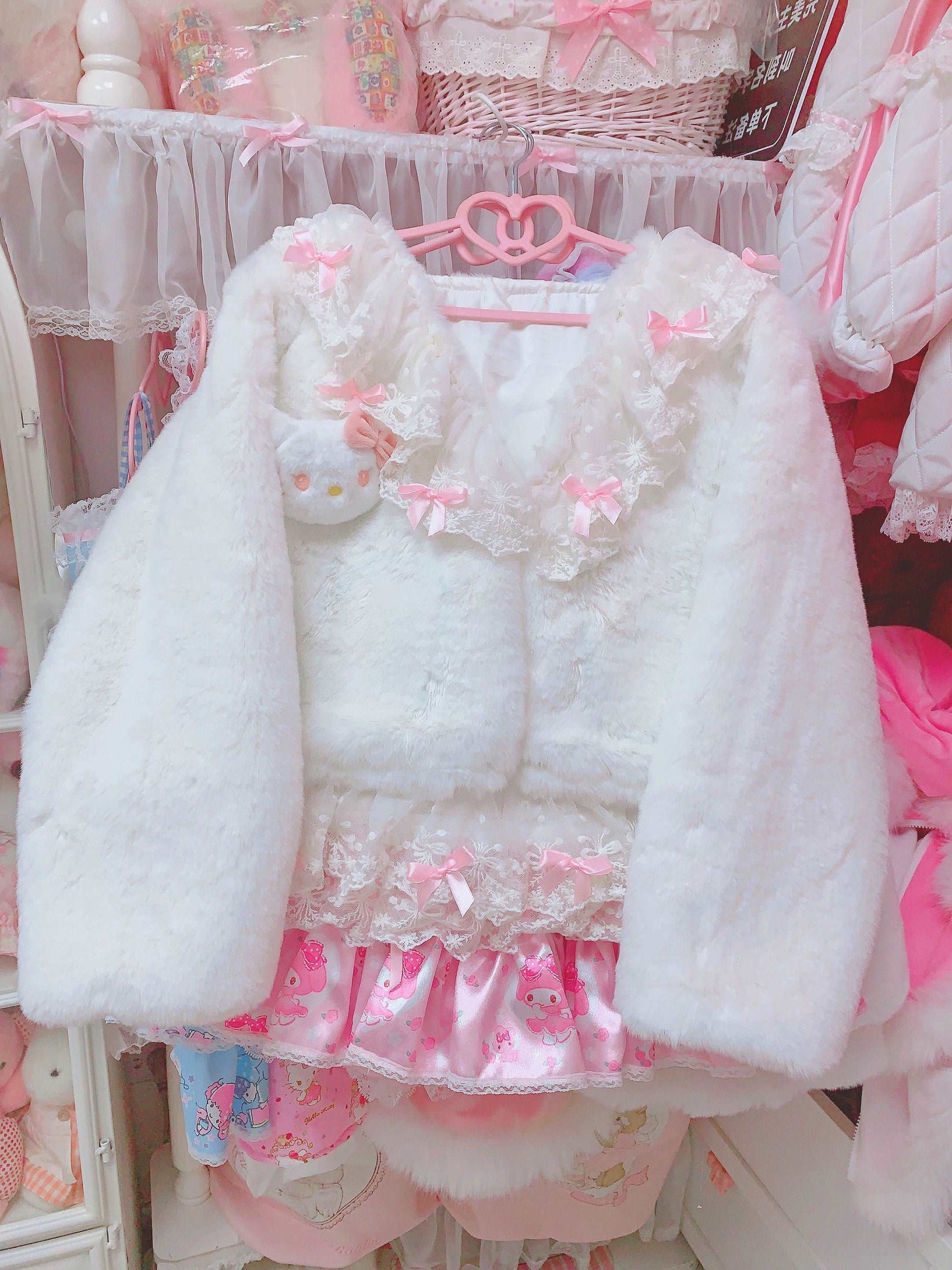 Candy Fairy Lace Kitty Cat Coquette Winter White Plush Fur Jacket