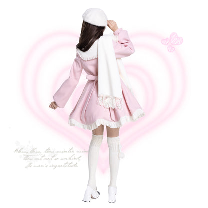 Platycodon Winter Sonata Pink White Wool Coat Scarf Two Piece Set