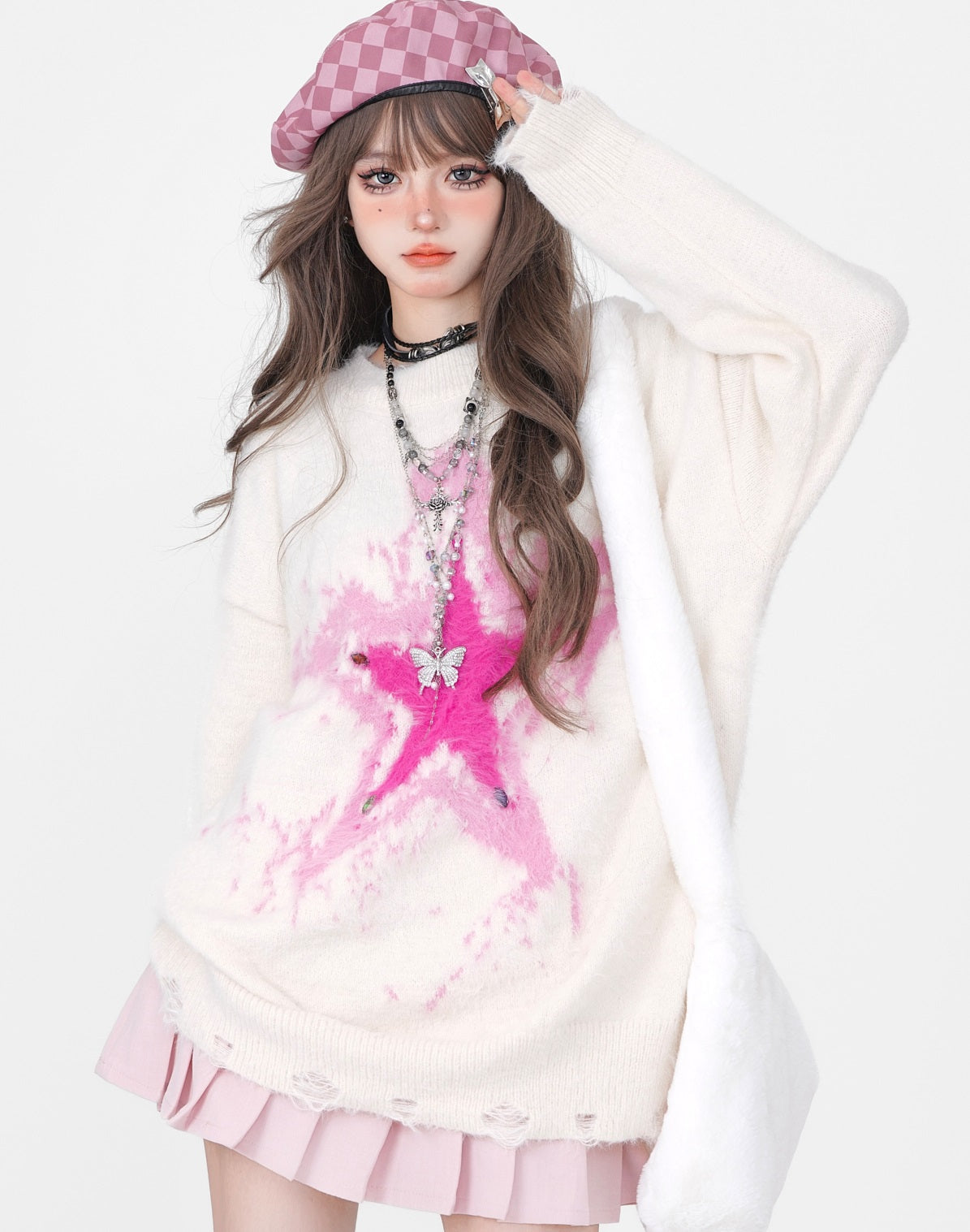 Young Eyes Star Pink Blue Autumn Winter Round Neck Pullover Sweater