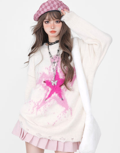 Young Eyes Star Pink Blue Autumn Winter Round Neck Pullover Sweater