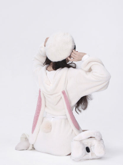 Young Eyes Sweet Bow Bunny Rabbit Hoodie Plush Shorts Two Piece Set