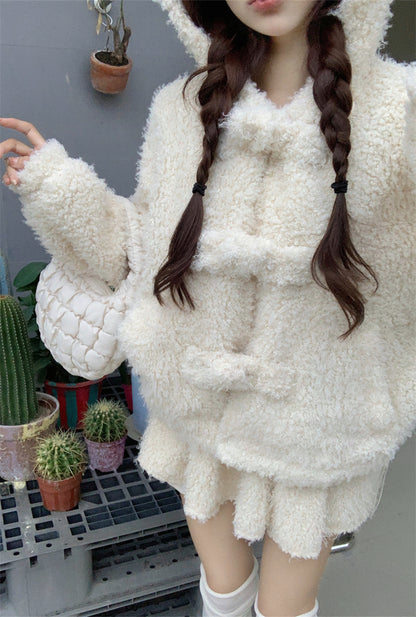 White Cute Bear Ears Hooded Wool Plush Jacket Coat Skirt Two Piece Set