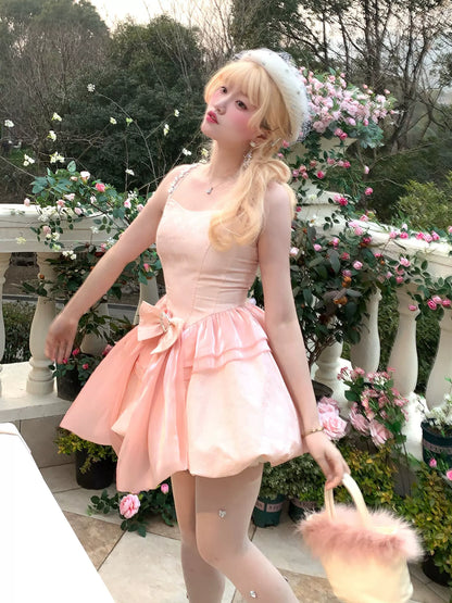 Picnic Girl Peach Pink Silk Sweet Diamond Strap Dress