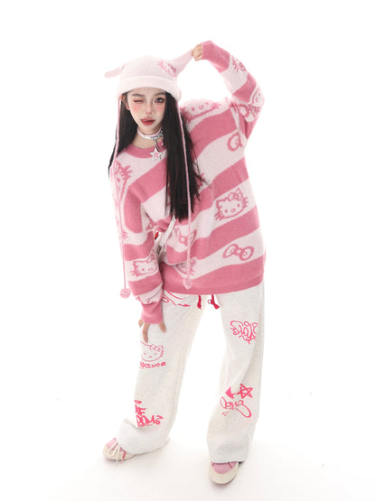 Kitty Cat Striped Pink Black Knit Y2K Pullover Sweater