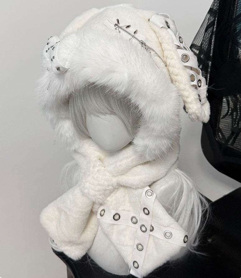 Punk Y2K Black White Plush Rabbit Ears Winter Hats