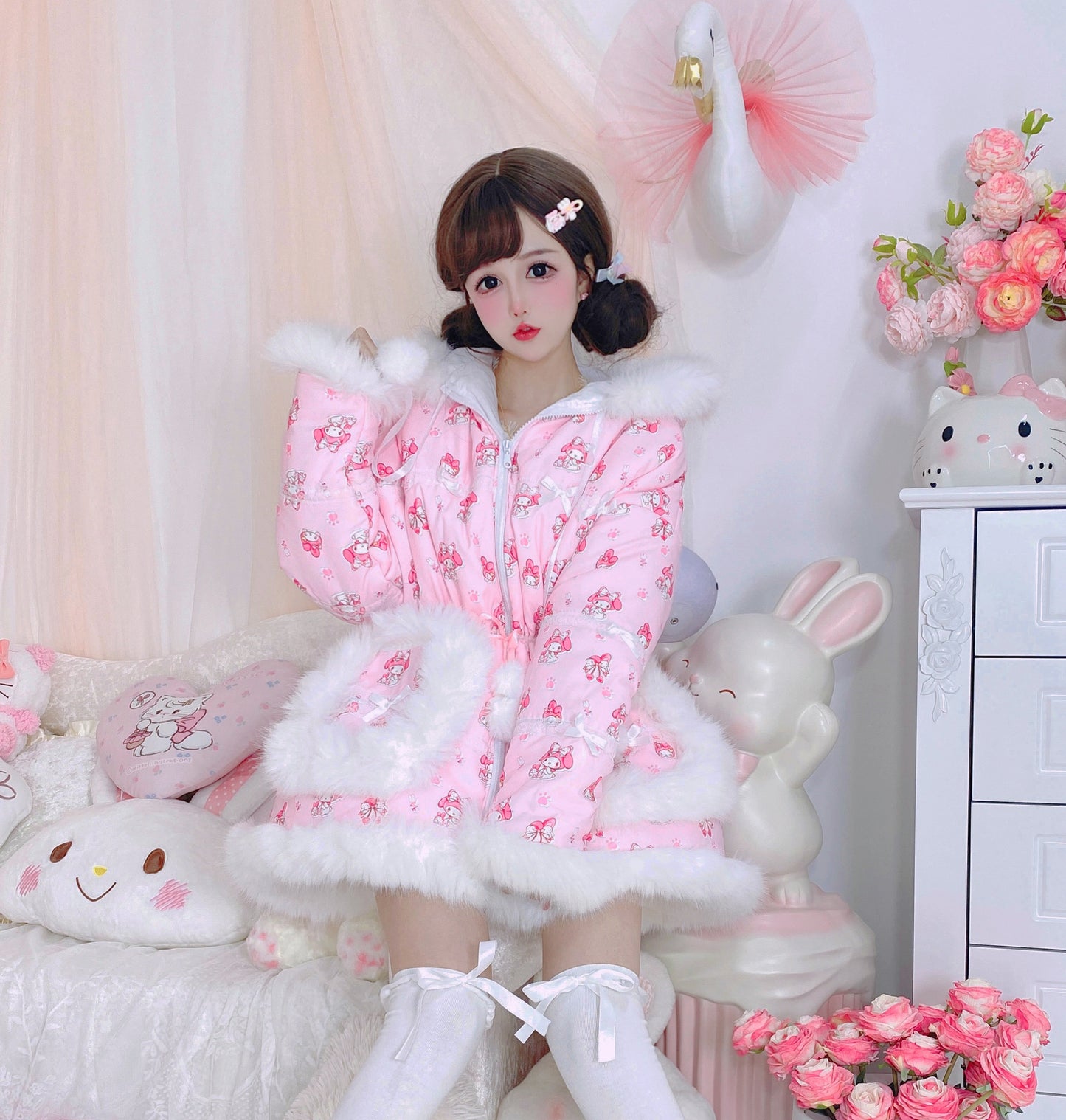 Candy Fairy Sweetie Melody Cartoon Pink Fur Plush Velvet Thick Puffer Jacket Coat