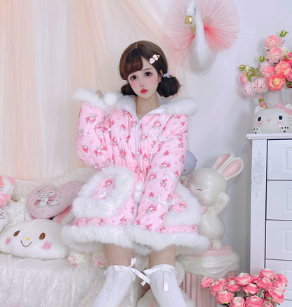 Candy Fairy Sweetie Melody Cartoon Pink Fur Plush Velvet Thick Puffer Jacket Coat