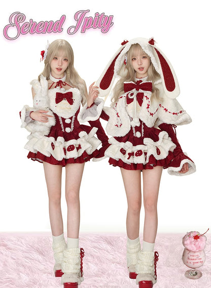 Serendipity Christmas Strawberry Rabbit Ears Cape & Red Dress & Arm Warmers Three Piece Set