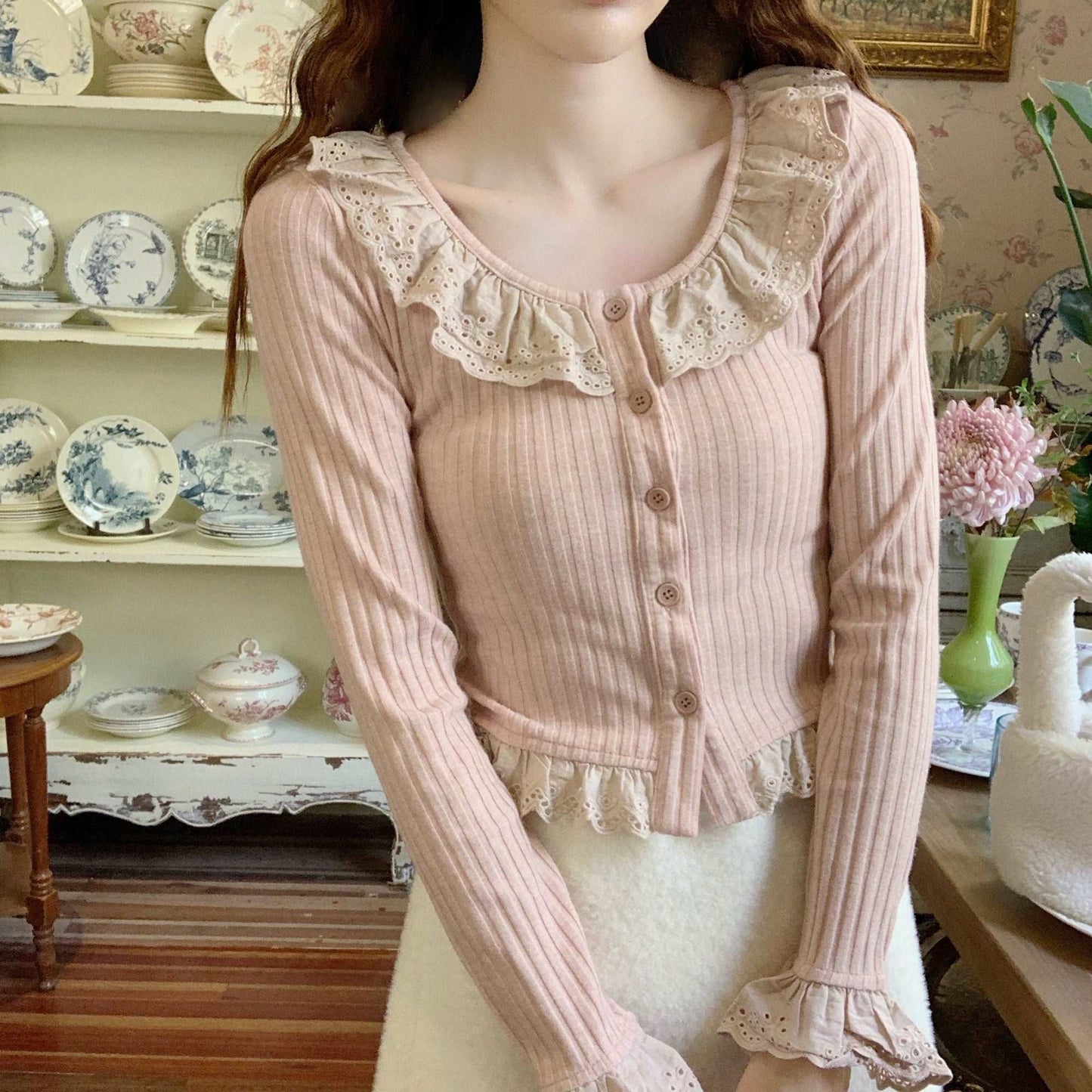 Coquette Vintage Cottagecore Frill Ruffled Lace Collar Cream Pink Top Shirt