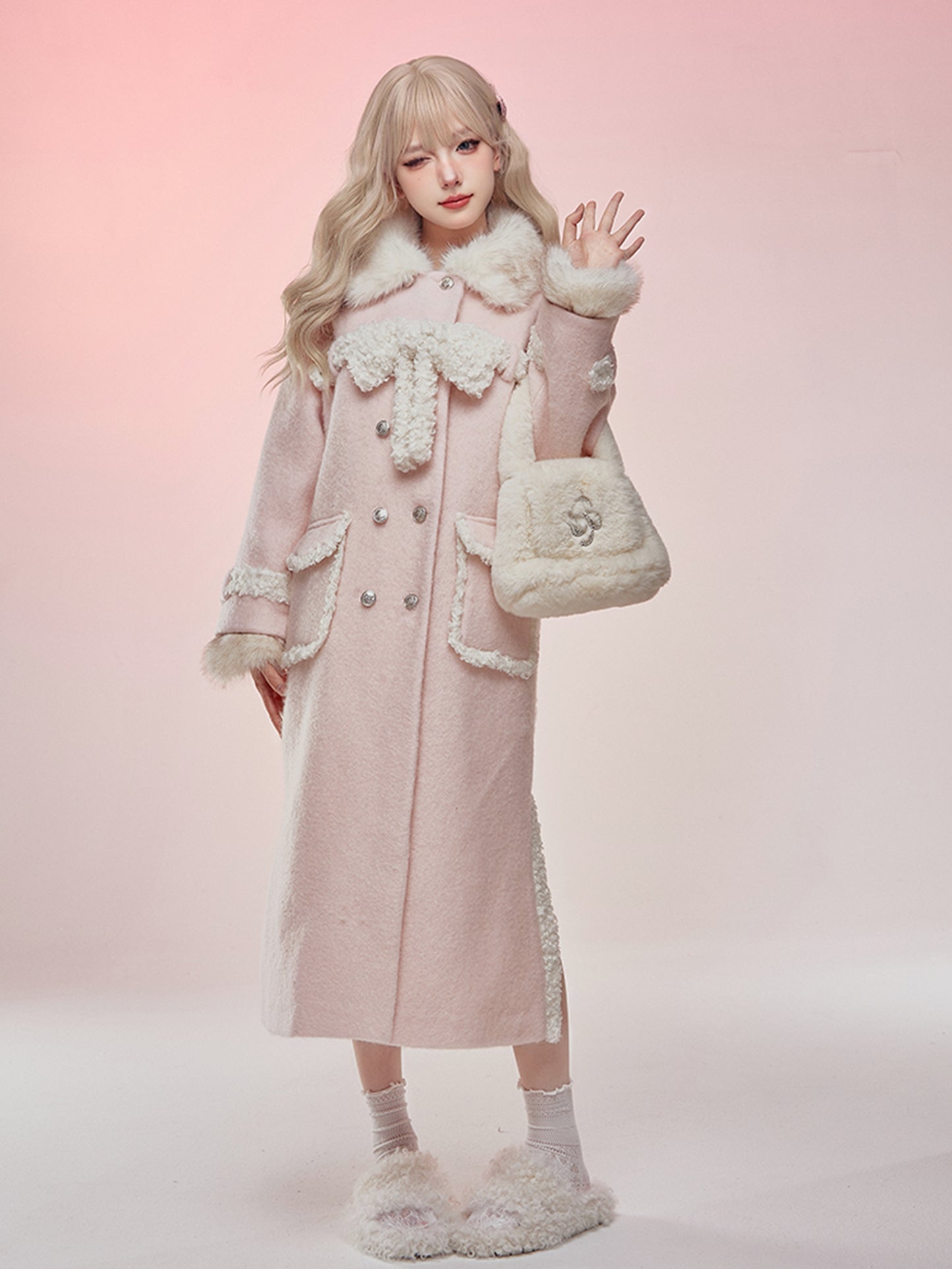 Serendipity Winter Pink Plush Long Woolen Coat & Mini Skirt Two Piece Set