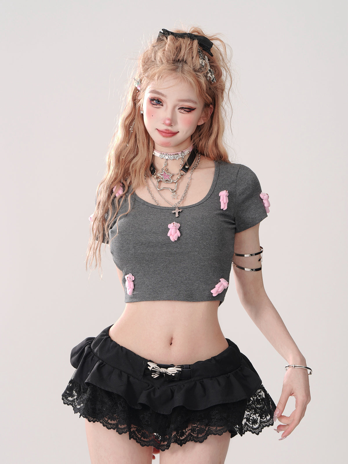 Young Eyes Y2K Summer Sexy Bear Pink Gray White Shirt Top