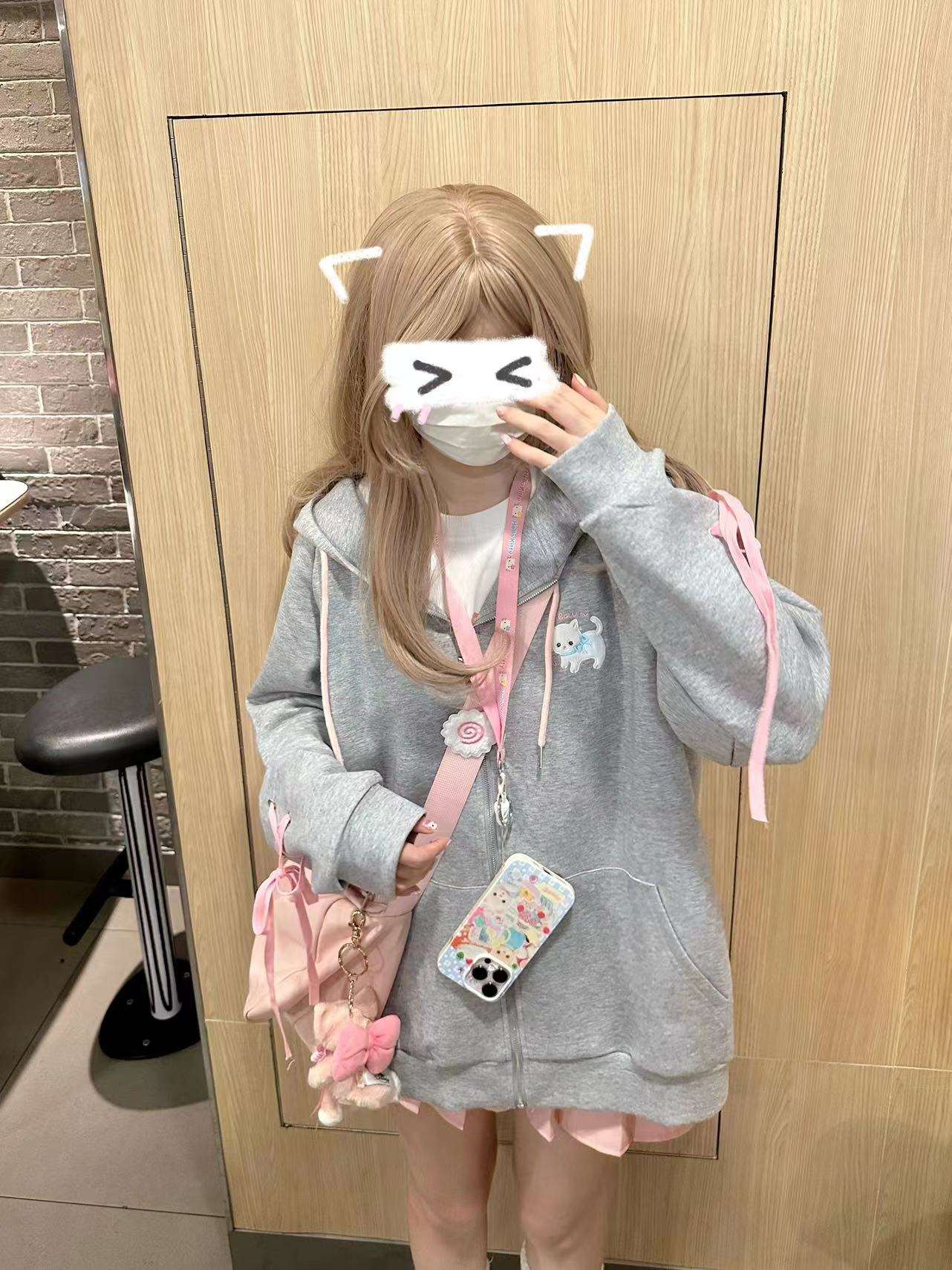 Cute Gray Cat Ears Y2K Coquette Ribbon Hoodie Jacket