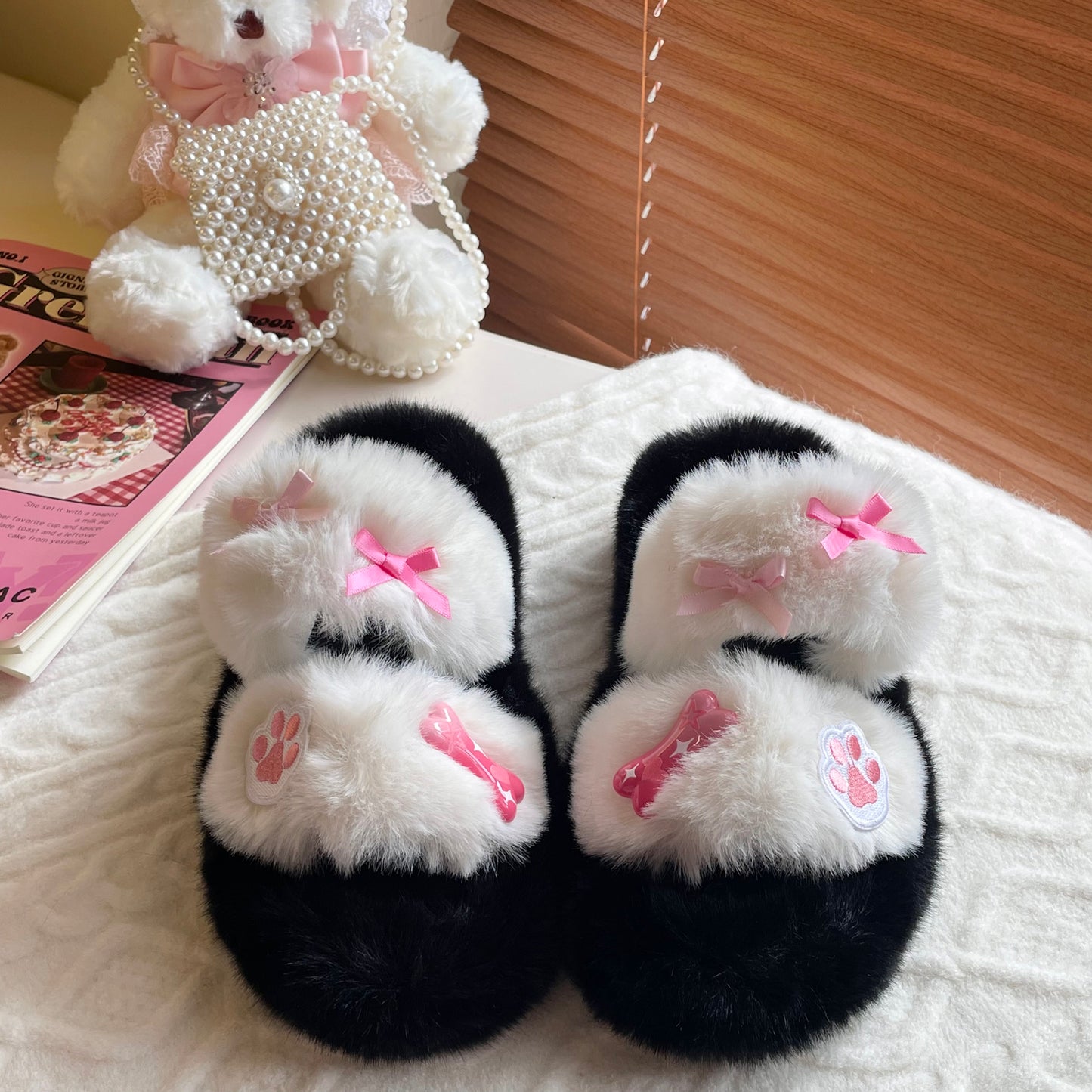 Plush Fluff Dog Paw Bow Furry Winter Shoes Slippers