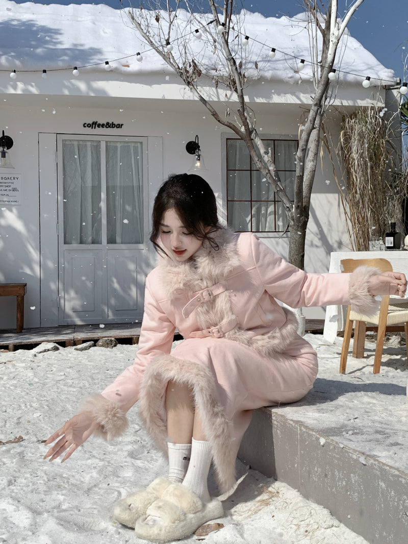 Winter Pink Sweet Girl Suede Fur Jacket & Skirt Two Piece Set