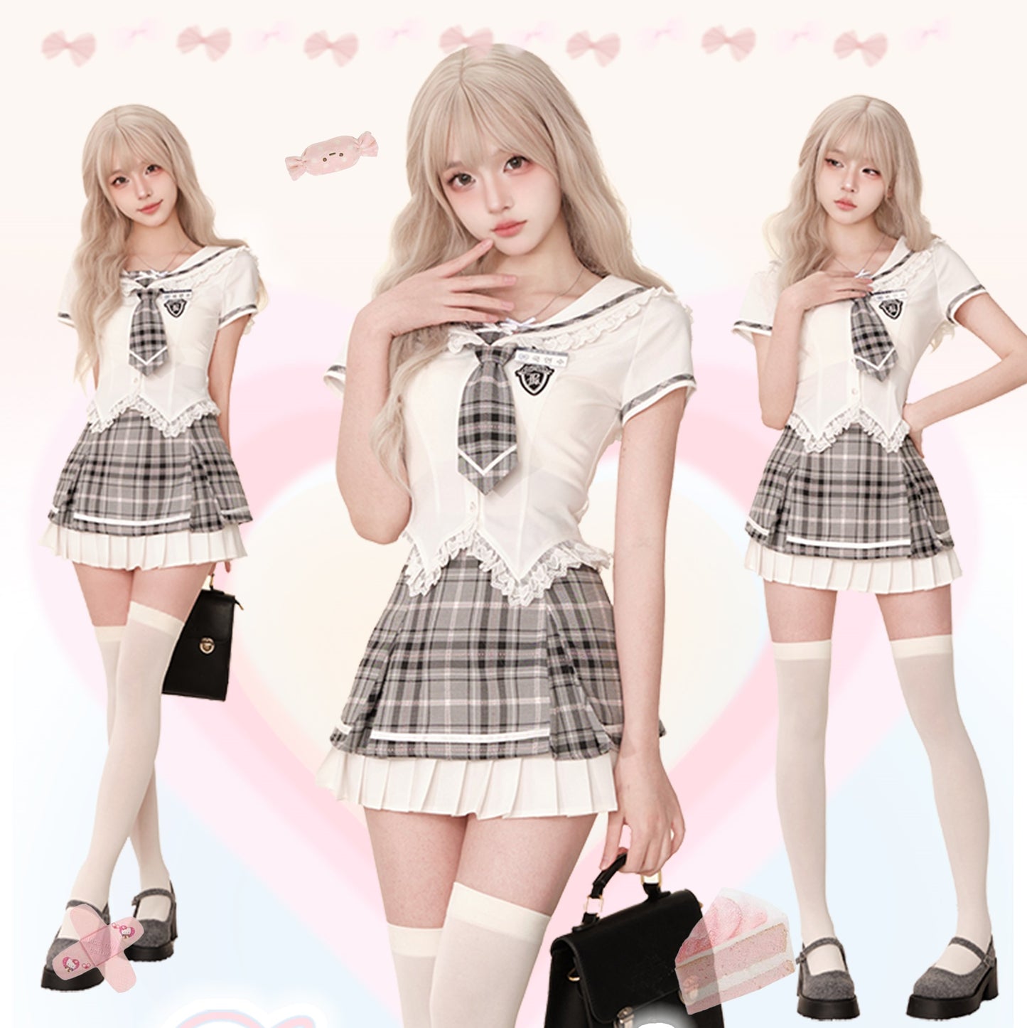 Serendipity Poly College White Shirt & Gray Plaid Skirt Two Piece Set