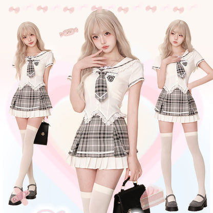 Serendipity Poly College White Shirt & Gray Plaid Skirt Two Piece Set