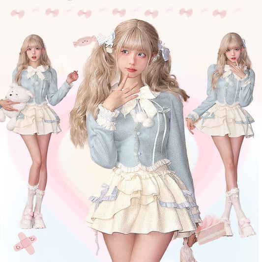 Serendipity Autumn Baby Blue Cream Doll Collar Bow Shirt Top & Ruffled Skirt Two Piece Set