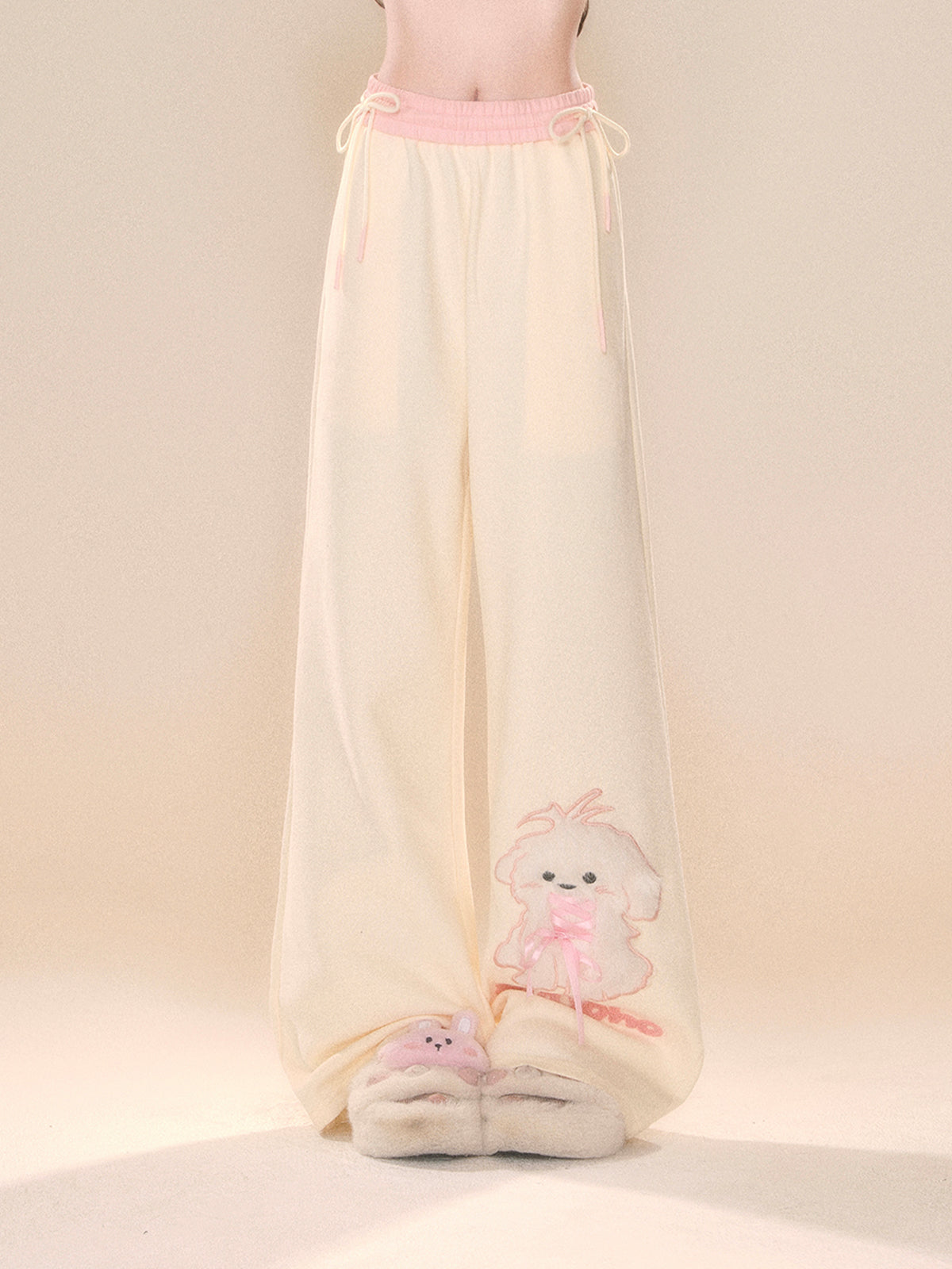 Young Eyes White Puppy Dog Cream Elastic Waist Sweatpants