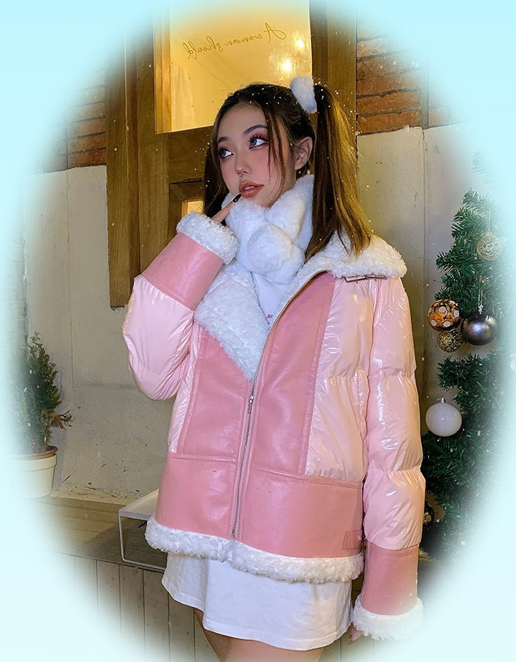 Y2K White Plush Devil Wings Pink Winter Jacket