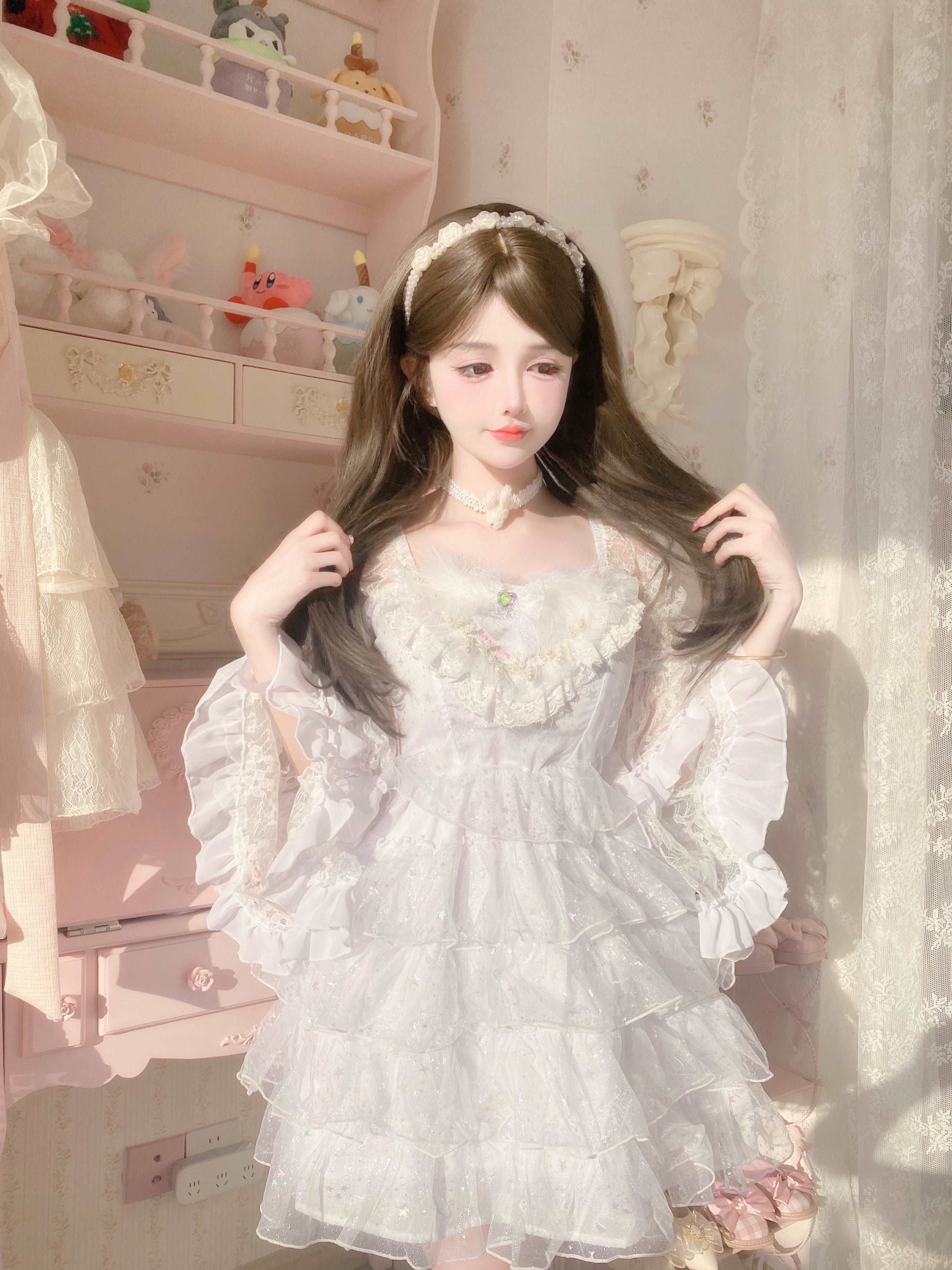 Candy Fairy Feather Fluttering White Angel Princess Ruffled Trumpet Sleeve Dress