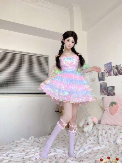 Candy Fairy Pastel Rainbow Gradient Mermaid Sparkling Ruffled Layered Dress