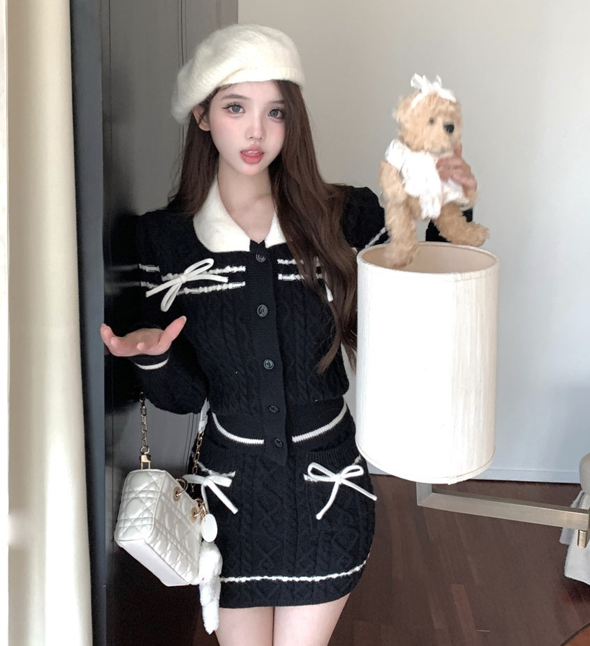 Coquette Autumn Bow Doll Collar Sweater & Black Knit Short Skirt Two P ...