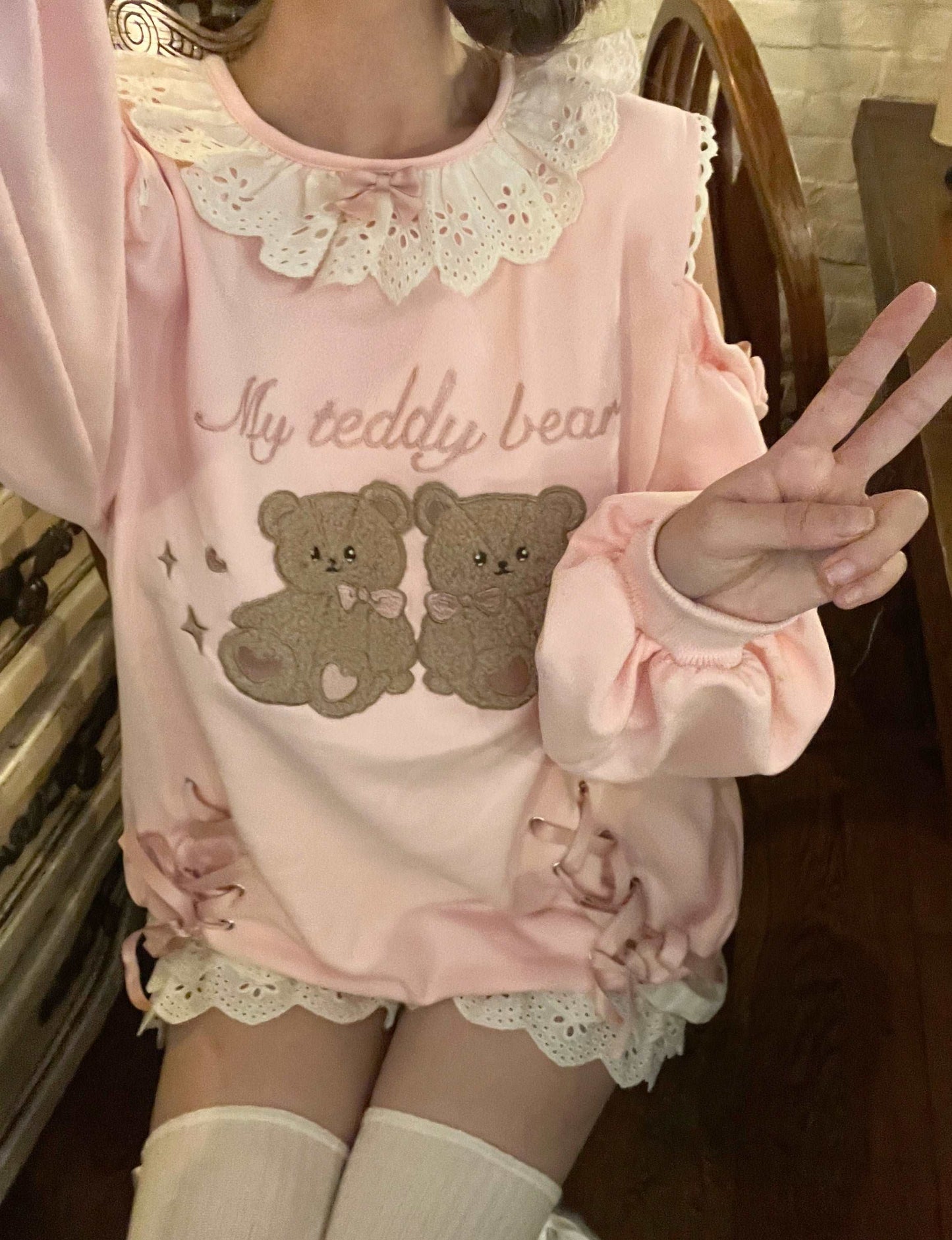 EGL Coquette Bow Ribbon Teddy Bear Pink Sweatshirt