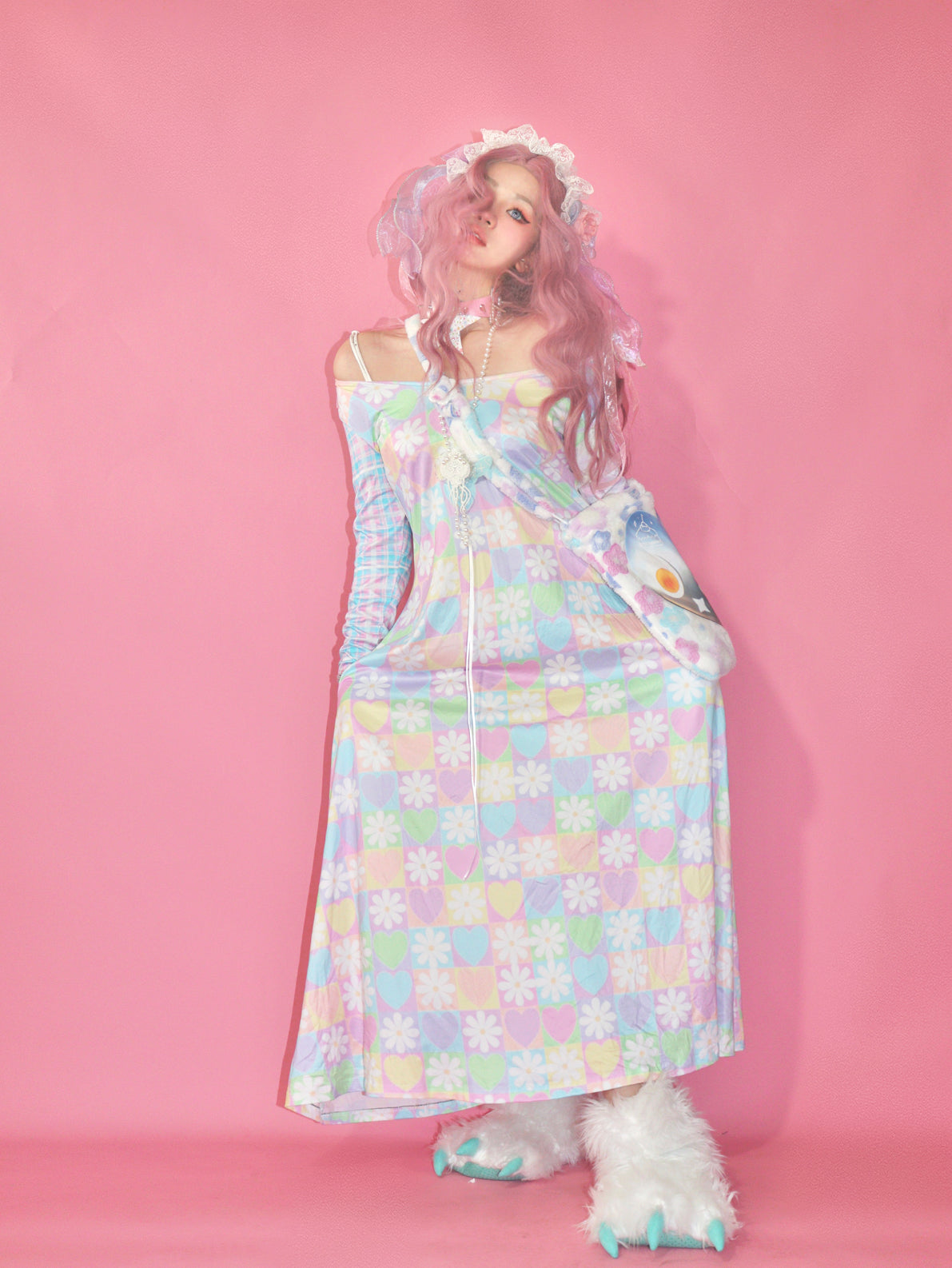 Heart Flower Rainbow Colorful Checkerboard Retro Spring Dress