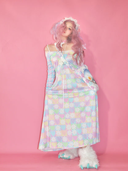 Heart Flower Rainbow Colorful Checkerboard Retro Spring Dress