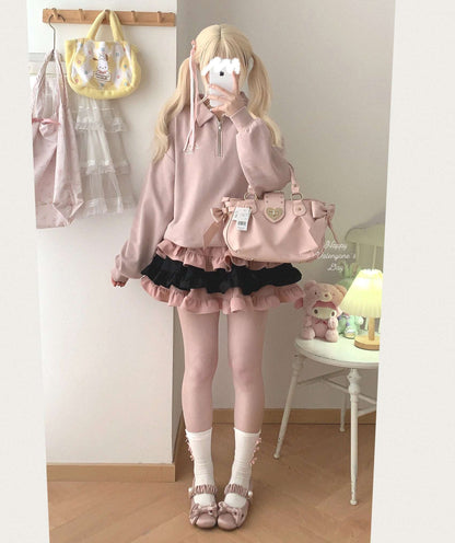 Dormir Doll Lolita Black Pink Cake Corduroy Ruffled Skirt