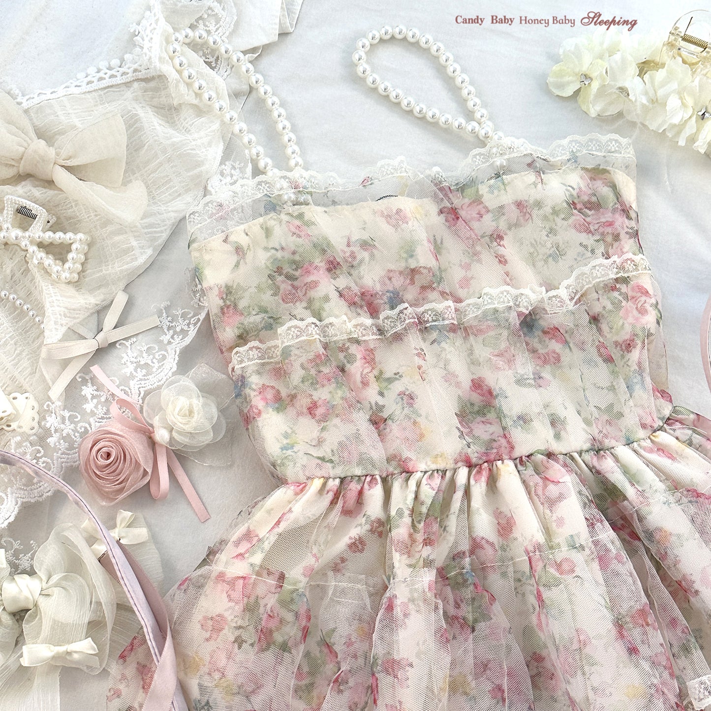 Dormir Doll Floral Rose Ruffled Pearl Strap Dress