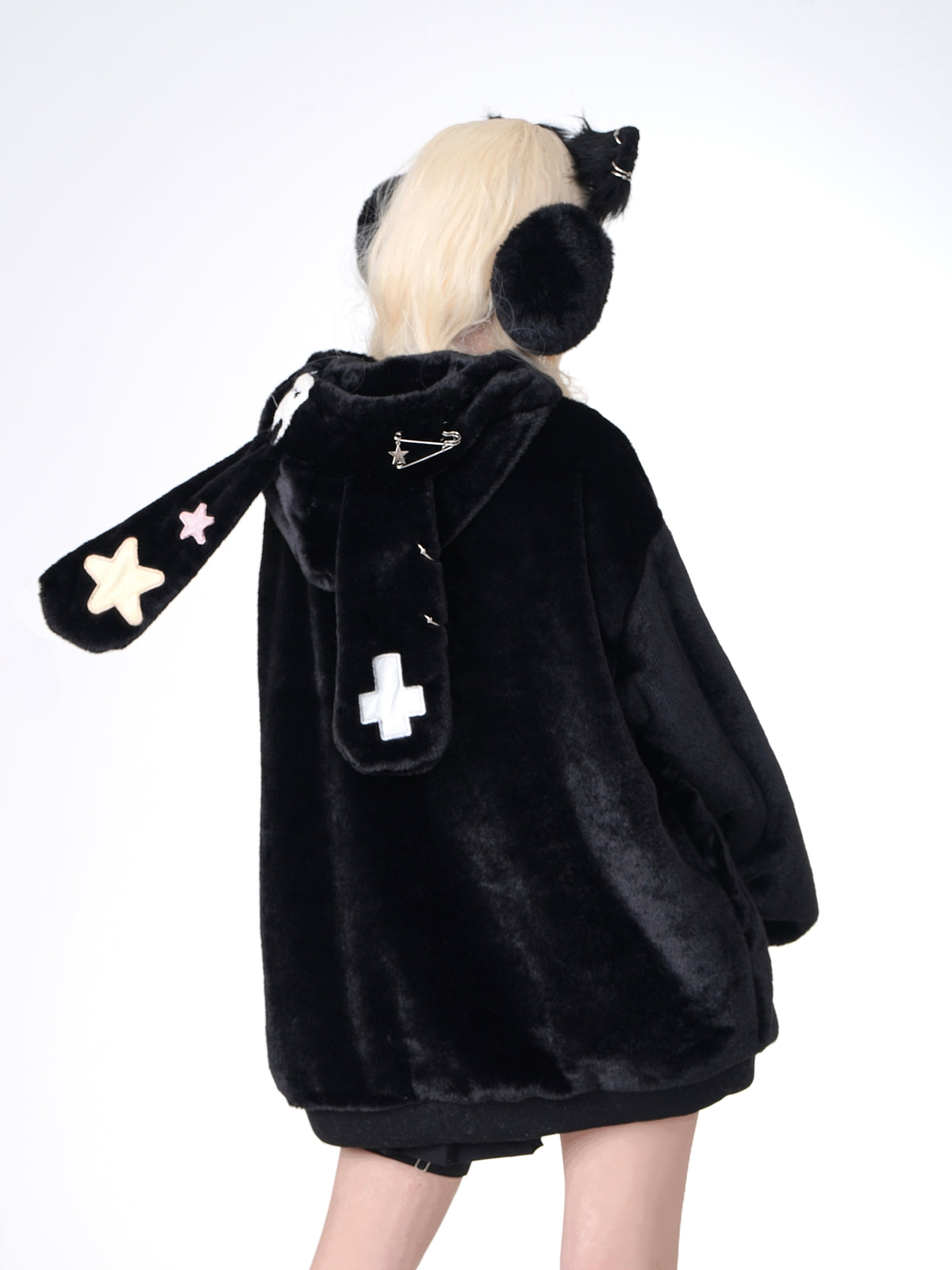 Young Eyes Black Gray Rabbit Ears Plush Autumn Winter Hoodie Jacket