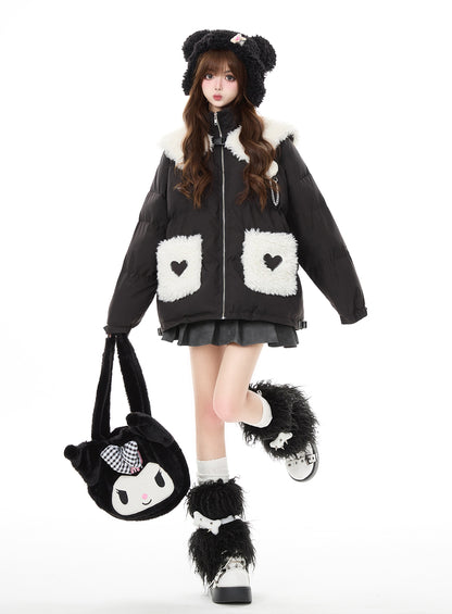 Crazy Girl Plush Collar Love Heart Winter Pink Black Puffer Jacket