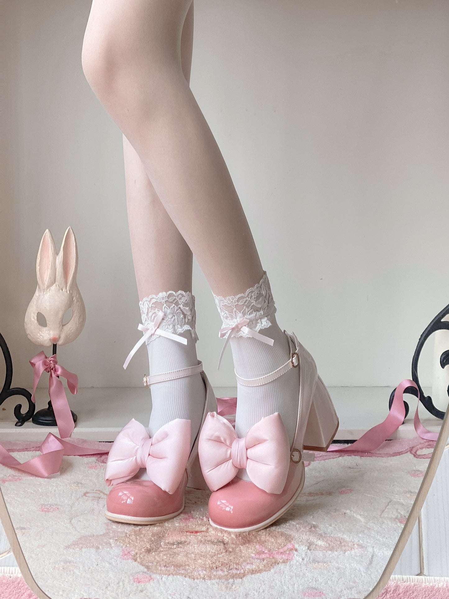 Dreamy White Tea Gradient Blush Lolita Black White Pink Blue High Heels Shoes