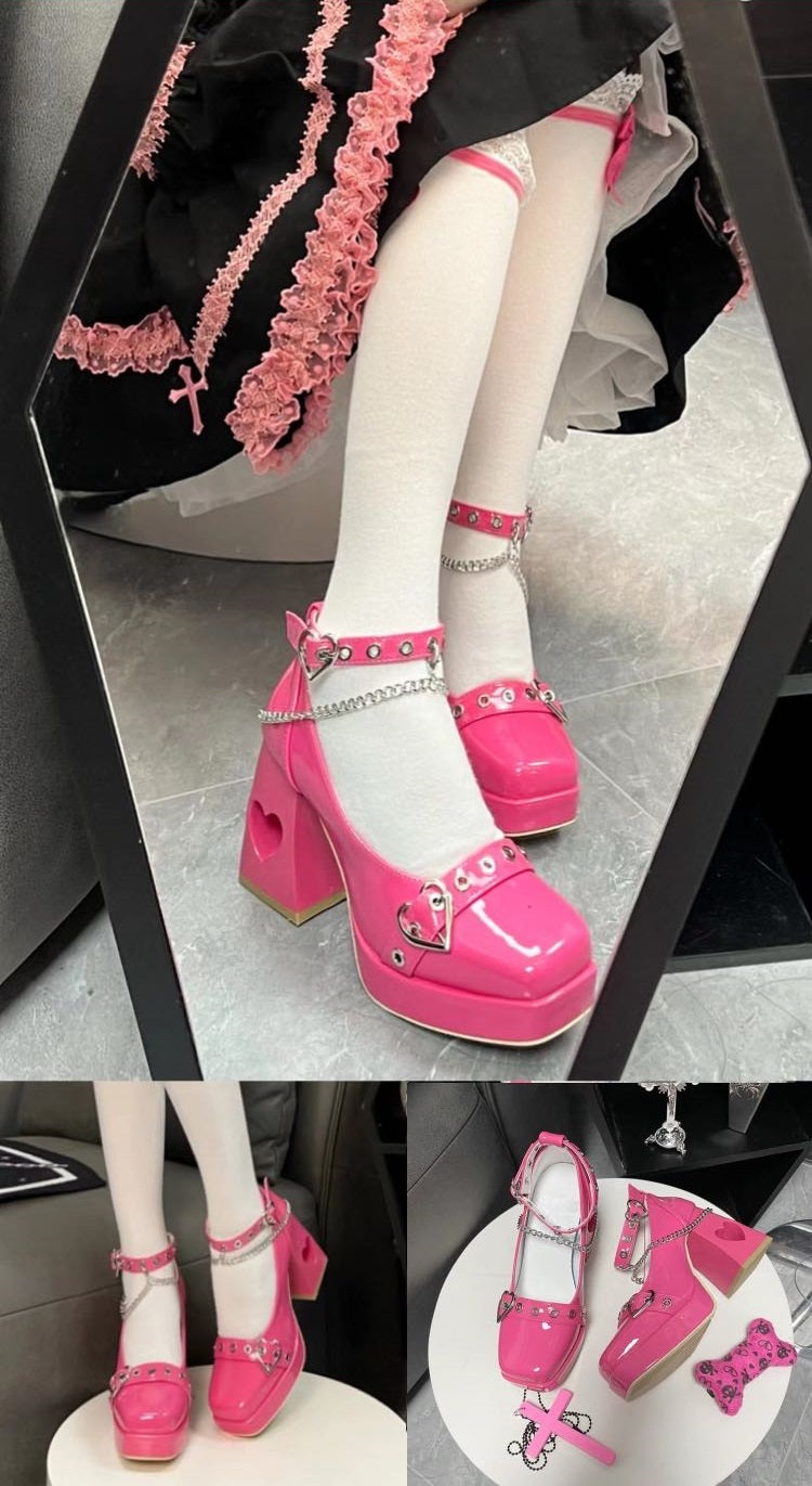 Yishicha Heart EGL Chain Shackles Square Toe High Heels Platform Shoes