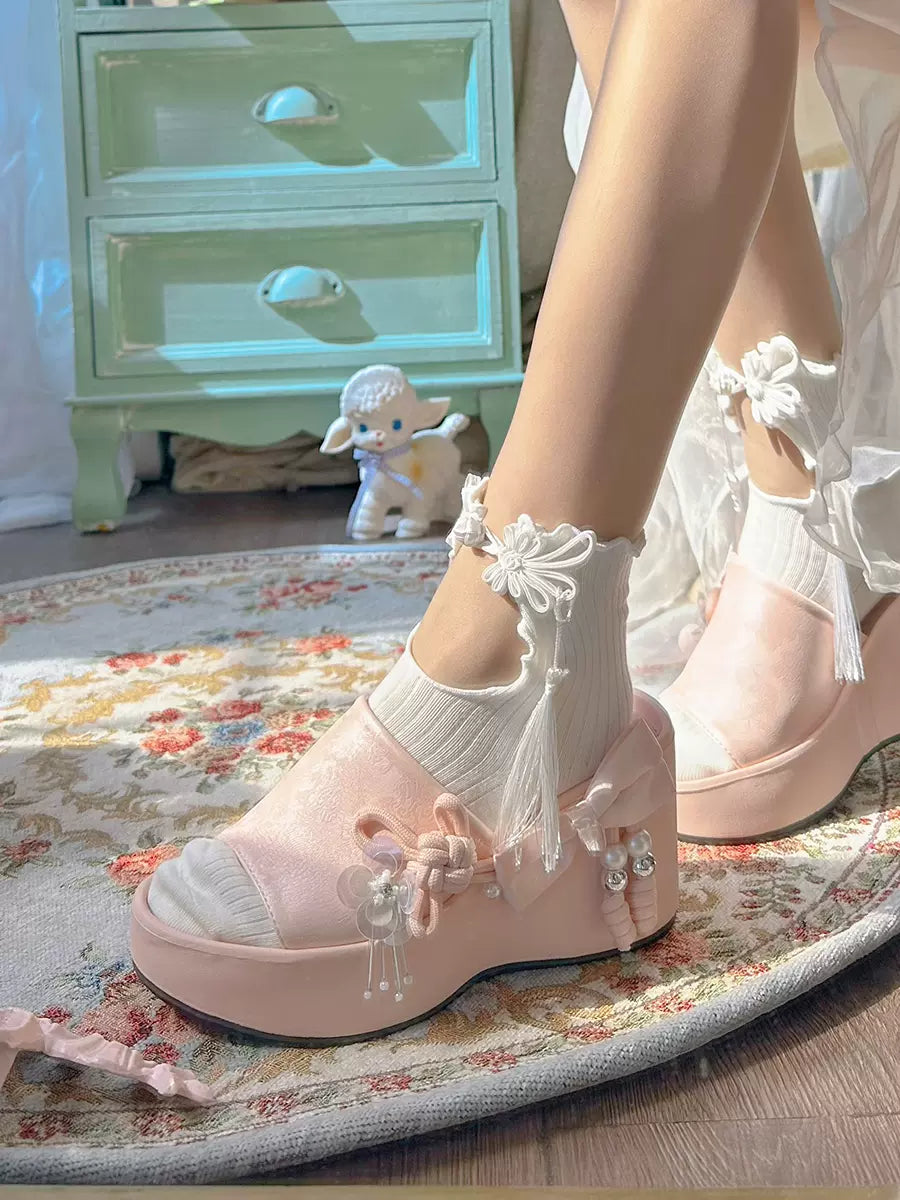 Pinky Shanghai Lady Cream Black Pink Wedges Sandals Shoes