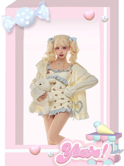 Serendipity Good Night Teddy Bear Cream Blue Strap Dress & Cardigan Pajamas Two Piece Set