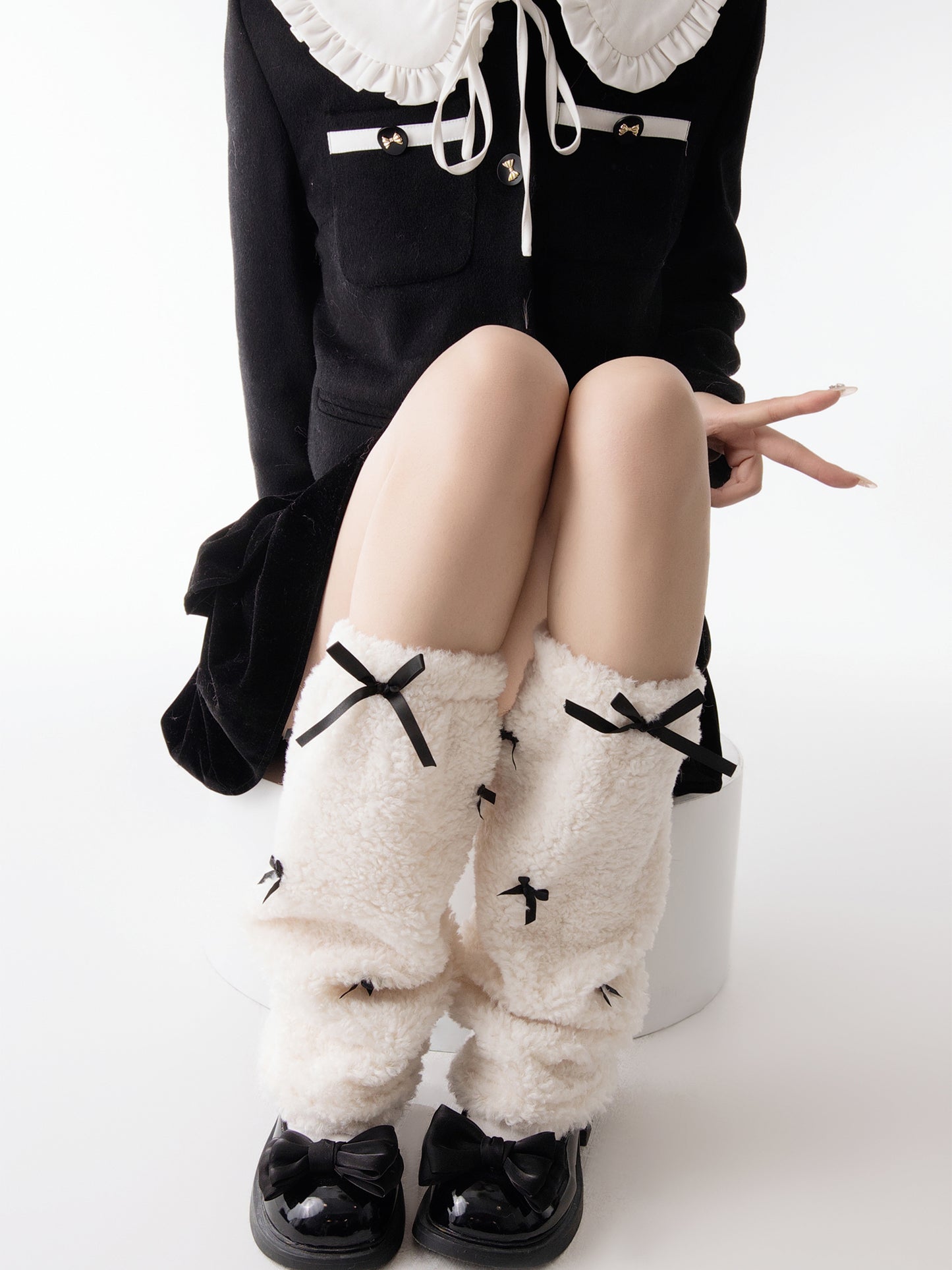 Fluffy Wool Black Bow Coquette White Warm Leg Warmers