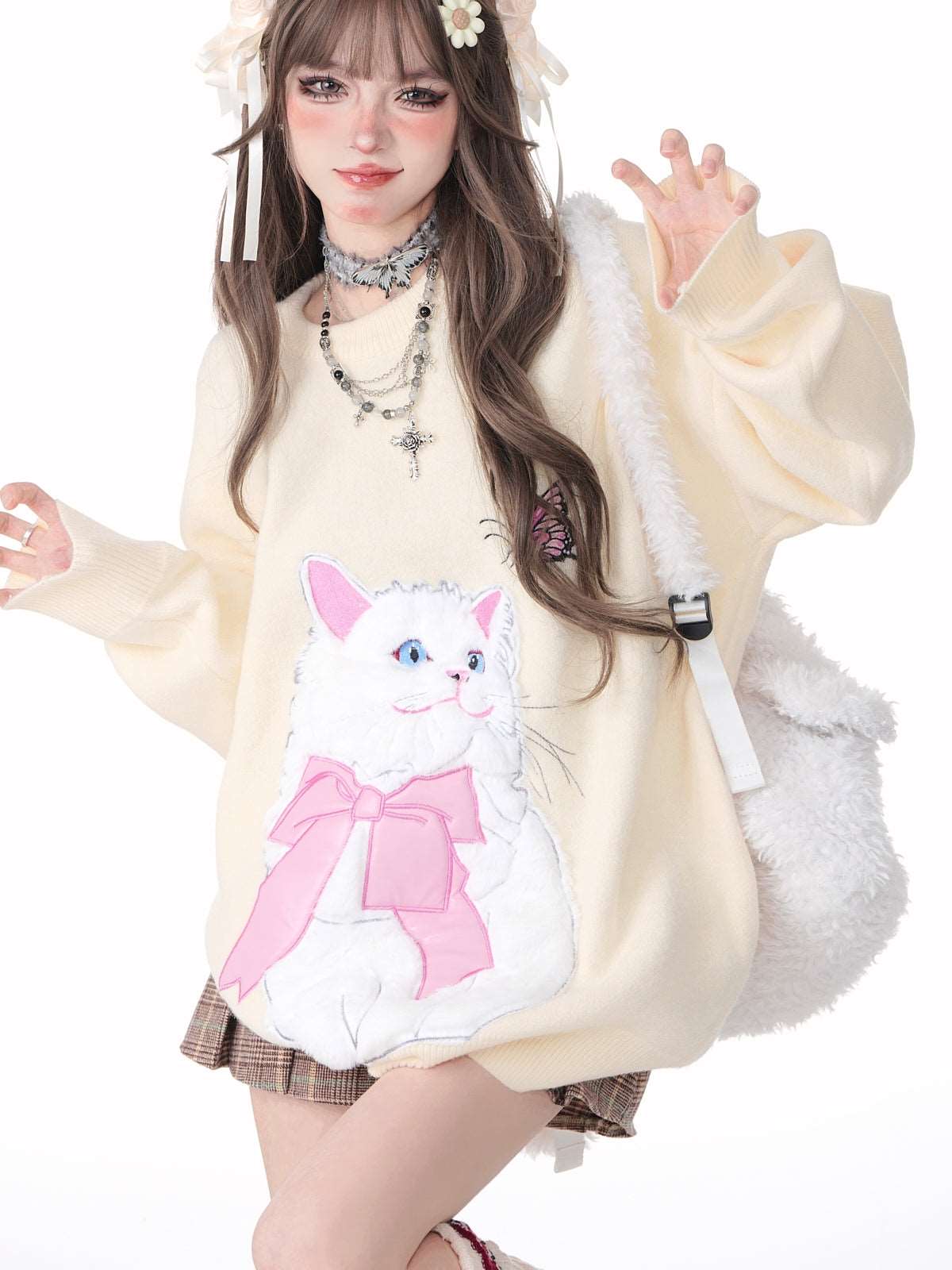 Cat With Bow Print Pullover Knitted Embroidery Oversize Sweater