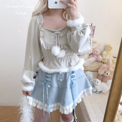 Dormir Doll Winter Rabbit Diary Square Neck Bow Pompom Ball Sweater Top