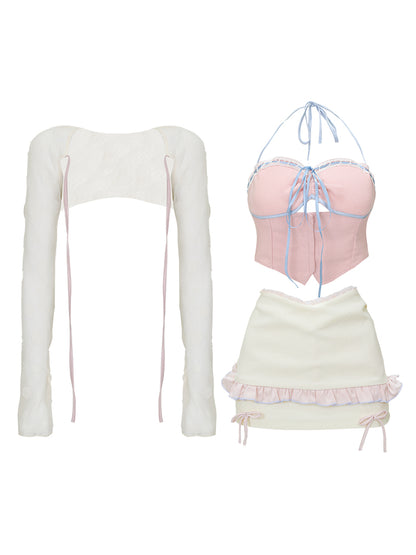 Serendipity Coquette Sheer Cardigan & Pink Heart Camisole & White Lace Mini Skirt Three Piece Set